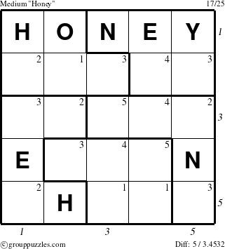 The grouppuzzles.com Medium Honey puzzle for  with all 5 steps marked
