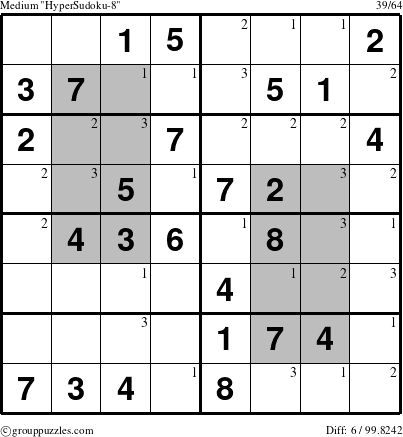 The grouppuzzles.com Medium HyperSudoku-8 puzzle for  with the first 3 steps marked