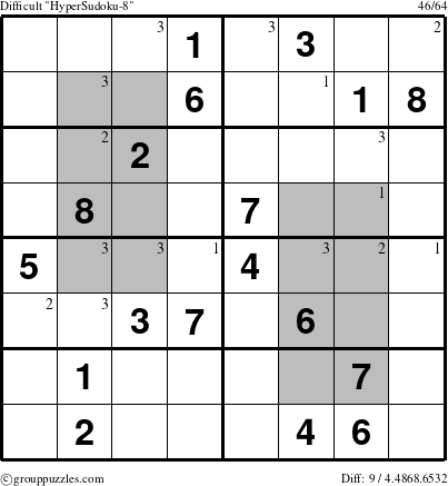 The grouppuzzles.com Difficult HyperSudoku-8 puzzle for  with the first 3 steps marked