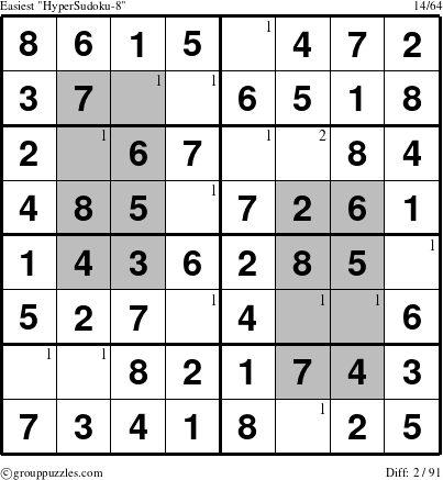The grouppuzzles.com Easiest HyperSudoku-8 puzzle for  with the first 2 steps marked