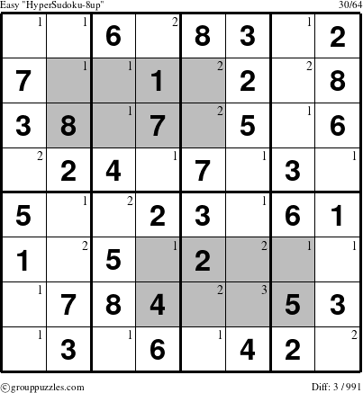The grouppuzzles.com Easy HyperSudoku-8up puzzle for  with the first 3 steps marked