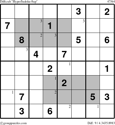 The grouppuzzles.com Difficult HyperSudoku-8up puzzle for  with the first 3 steps marked