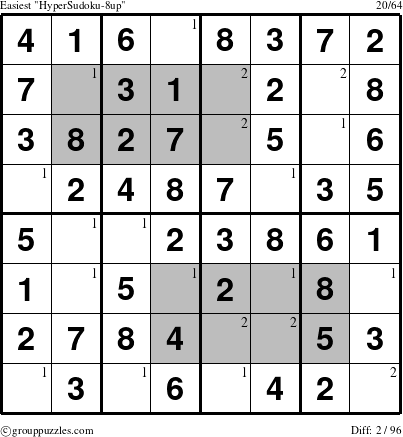 The grouppuzzles.com Easiest HyperSudoku-8up puzzle for  with the first 2 steps marked