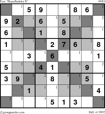 The grouppuzzles.com Easy HyperSudoku-X puzzle for  with the first 3 steps marked