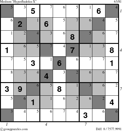 The grouppuzzles.com Medium HyperSudoku-X puzzle for  with all 8 steps marked