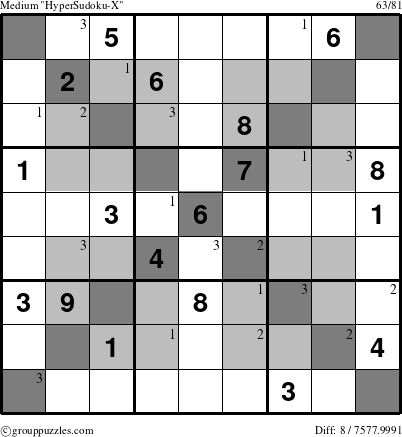 The grouppuzzles.com Medium HyperSudoku-X puzzle for  with the first 3 steps marked