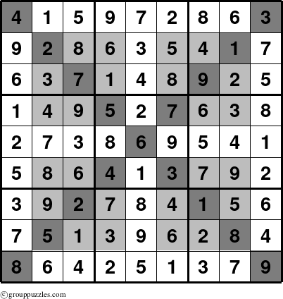 The grouppuzzles.com Answer grid for the HyperSudoku-X puzzle for 
