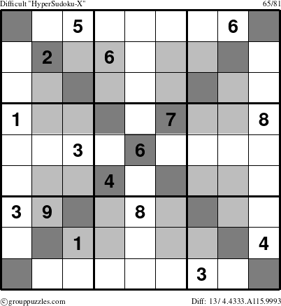 The grouppuzzles.com Difficult HyperSudoku-X puzzle for 