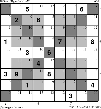The grouppuzzles.com Difficult HyperSudoku-X puzzle for  with all 13 steps marked
