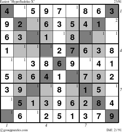 The grouppuzzles.com Easiest HyperSudoku-X puzzle for  with all 2 steps marked