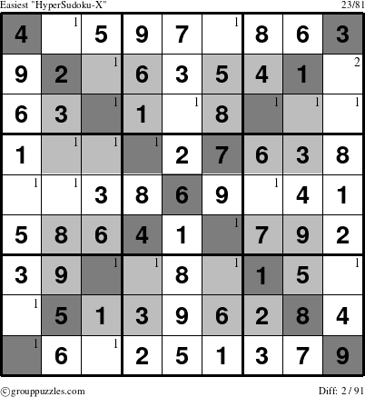 The grouppuzzles.com Easiest HyperSudoku-X puzzle for  with the first 2 steps marked