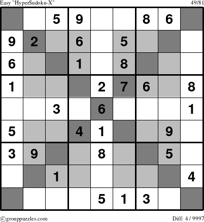 The grouppuzzles.com Easy HyperSudoku-X puzzle for 