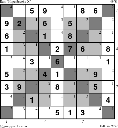 The grouppuzzles.com Easy HyperSudoku-X puzzle for  with all 4 steps marked