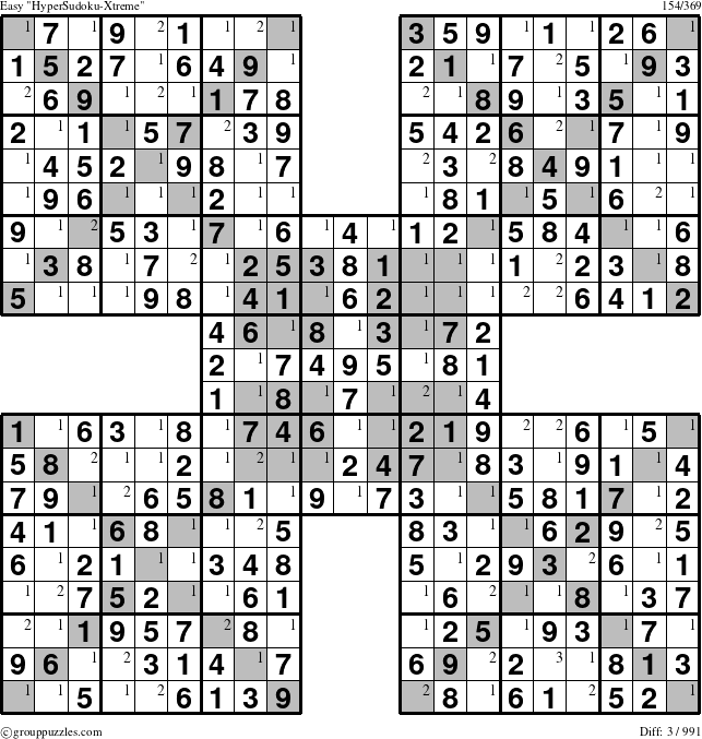 The grouppuzzles.com Easy HyperSudoku-Xtreme puzzle for  with the first 3 steps marked