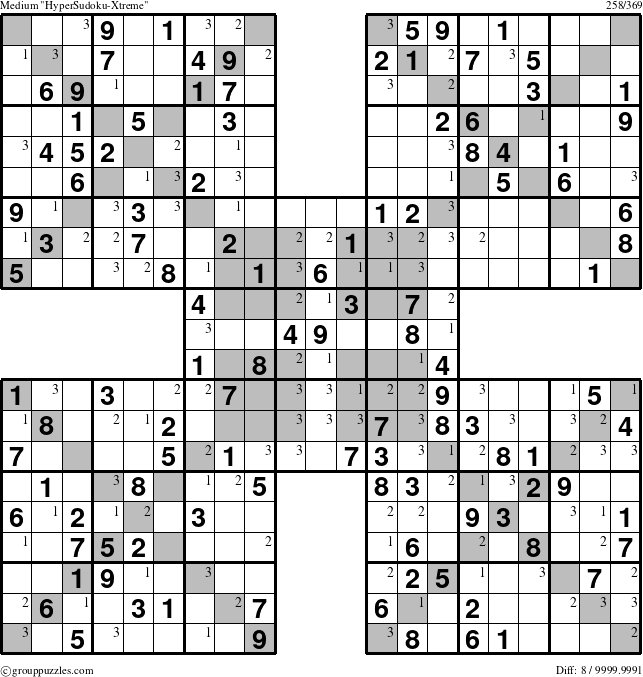 The grouppuzzles.com Medium HyperSudoku-Xtreme puzzle for  with the first 3 steps marked