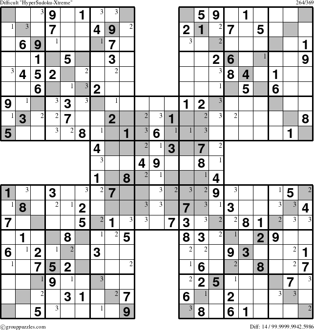 The grouppuzzles.com Difficult HyperSudoku-Xtreme puzzle for  with the first 3 steps marked