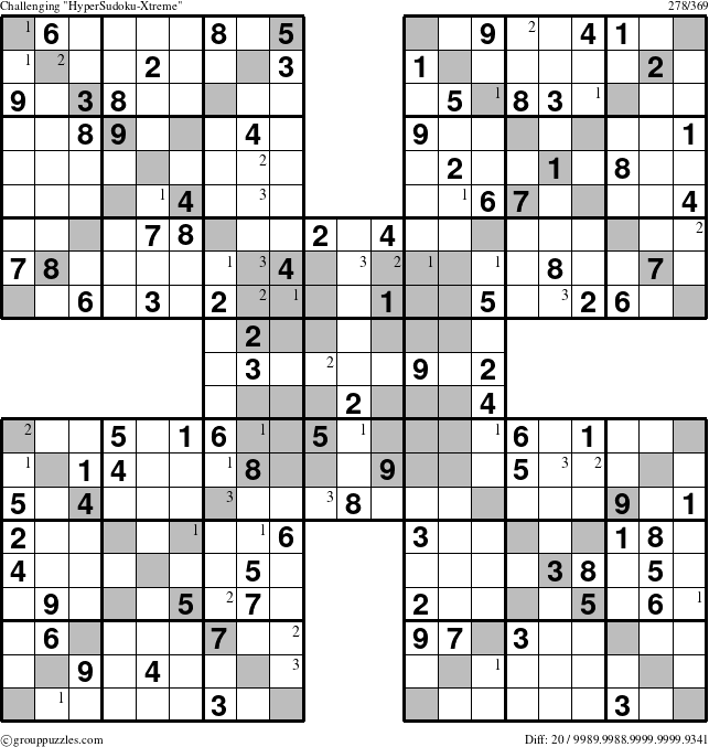The grouppuzzles.com Challenging HyperSudoku-Xtreme puzzle for  with the first 3 steps marked