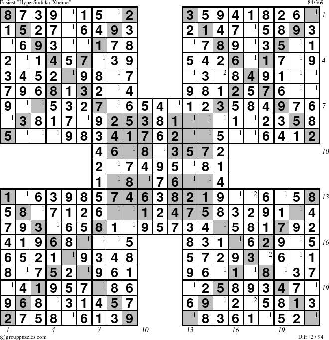 The grouppuzzles.com Easiest HyperSudoku-Xtreme puzzle for  with all 2 steps marked