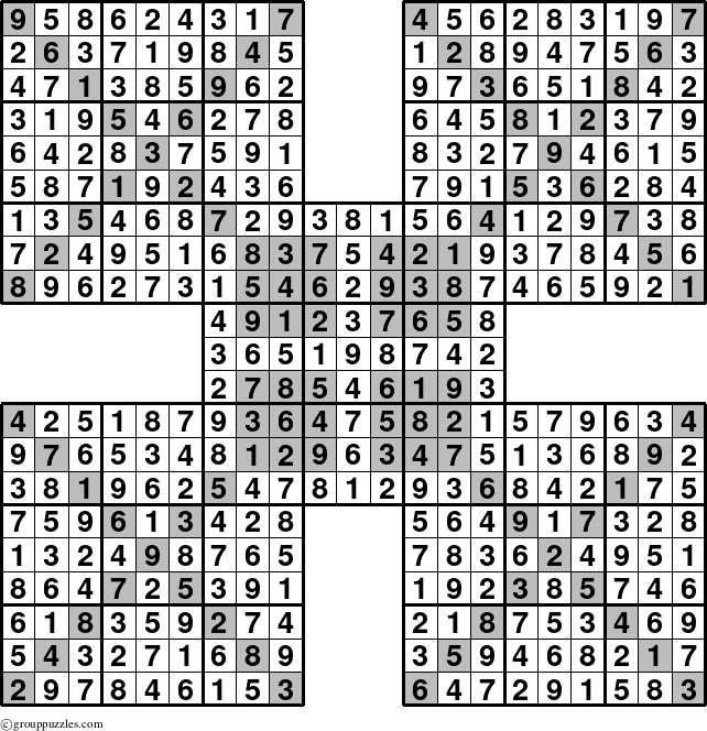 The grouppuzzles.com Answer grid for the HyperSudoku-Xtreme puzzle for 