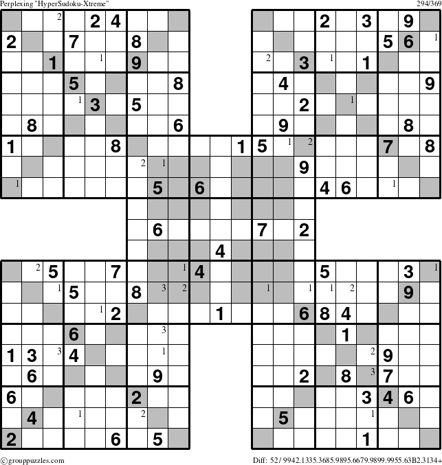 The grouppuzzles.com Perplexing HyperSudoku-Xtreme puzzle for  with the first 3 steps marked