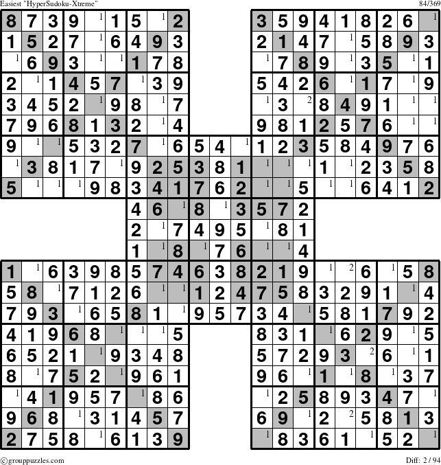 The grouppuzzles.com Easiest HyperSudoku-Xtreme puzzle for  with the first 2 steps marked