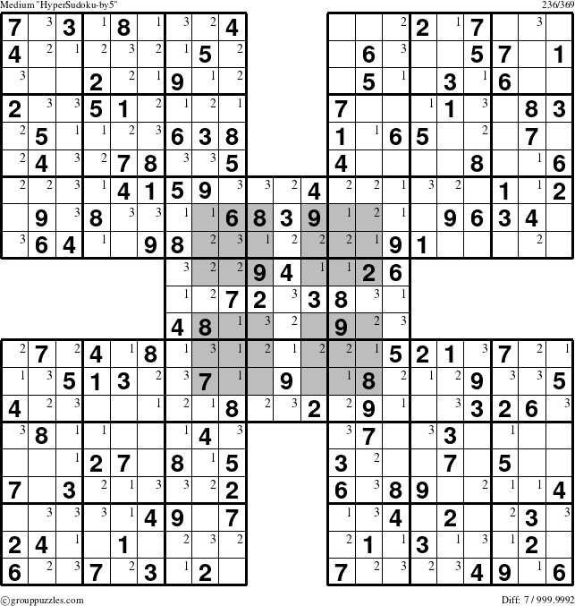 The grouppuzzles.com Medium HyperSudoku-by5 puzzle for  with the first 3 steps marked
