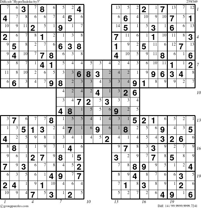 The grouppuzzles.com Difficult HyperSudoku-by5 puzzle for  with all 14 steps marked