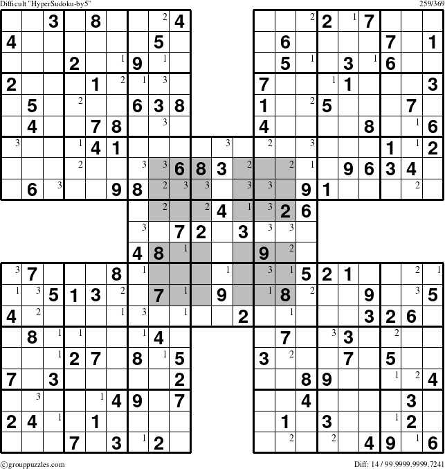 The grouppuzzles.com Difficult HyperSudoku-by5 puzzle for  with the first 3 steps marked