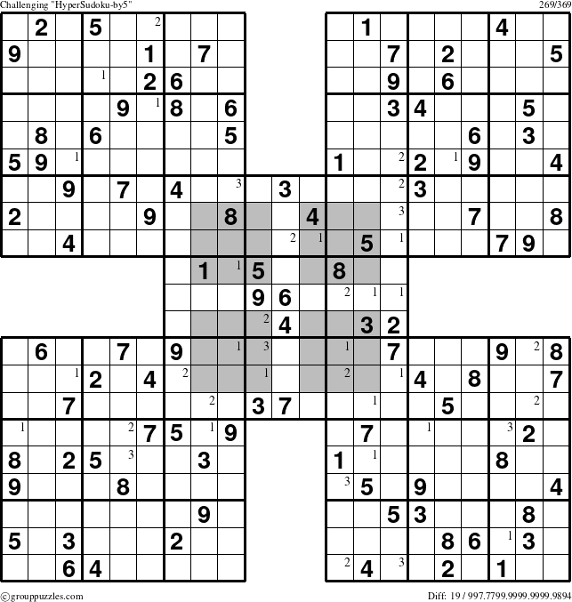 The grouppuzzles.com Challenging HyperSudoku-by5 puzzle for  with the first 3 steps marked