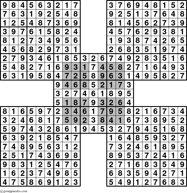 The grouppuzzles.com Answer grid for the HyperSudoku-by5 puzzle for 