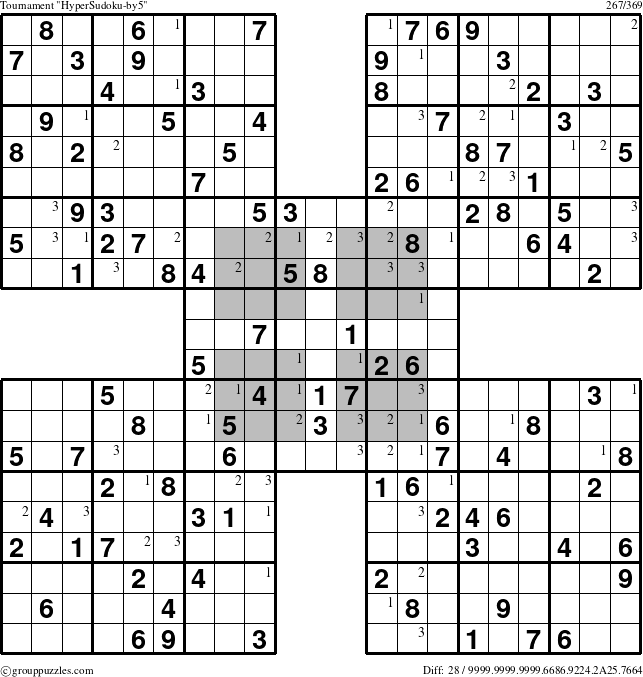 The grouppuzzles.com Tournament HyperSudoku-by5 puzzle for  with the first 3 steps marked