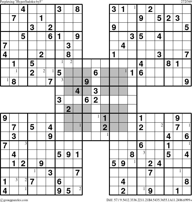 The grouppuzzles.com Perplexing HyperSudoku-by5 puzzle for  with the first 3 steps marked