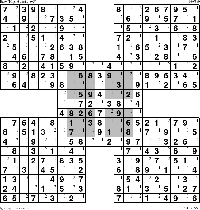 The grouppuzzles.com Easy HyperSudoku-by5 puzzle for  with the first 3 steps marked