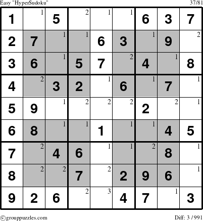 The grouppuzzles.com Easy HyperSudoku-c1 puzzle for  with the first 3 steps marked