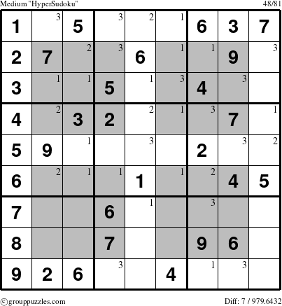 The grouppuzzles.com Medium HyperSudoku-c1 puzzle for  with the first 3 steps marked