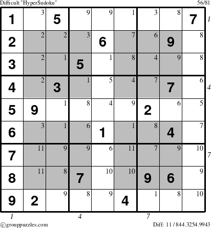 The grouppuzzles.com Difficult HyperSudoku-c1 puzzle for  with all 11 steps marked