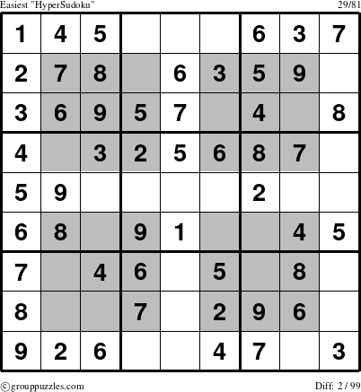 The grouppuzzles.com Easiest HyperSudoku-c1 puzzle for 