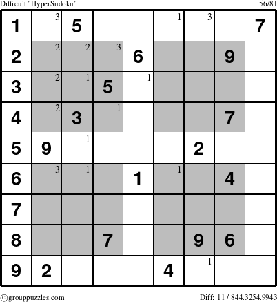 The grouppuzzles.com Difficult HyperSudoku-c1 puzzle for  with the first 3 steps marked
