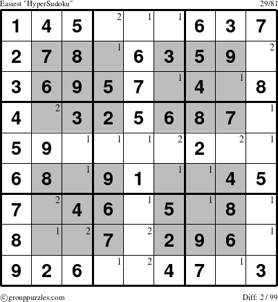 The grouppuzzles.com Easiest HyperSudoku-c1 puzzle for  with the first 2 steps marked