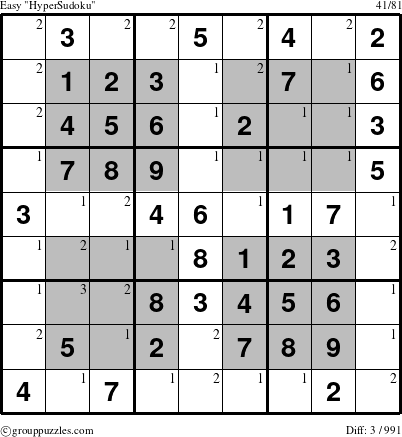 The grouppuzzles.com Easy HyperSudoku-i14 puzzle for  with the first 3 steps marked