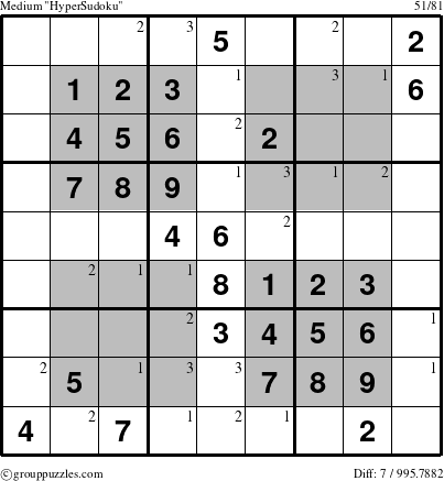The grouppuzzles.com Medium HyperSudoku-i14 puzzle for  with the first 3 steps marked