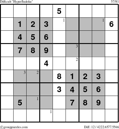 The grouppuzzles.com Difficult HyperSudoku-i14 puzzle for  with the first 3 steps marked