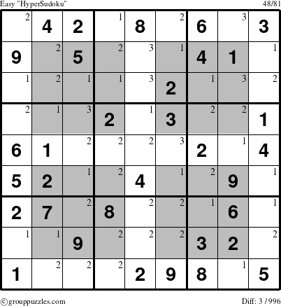 The grouppuzzles.com Easy HyperSudoku puzzle for  with the first 3 steps marked
