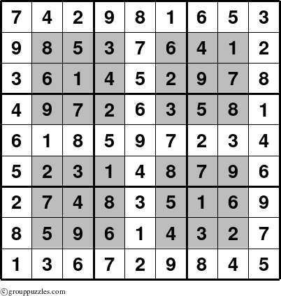 The grouppuzzles.com Answer grid for the HyperSudoku puzzle for 