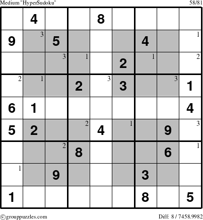 The grouppuzzles.com Medium HyperSudoku puzzle for  with the first 3 steps marked