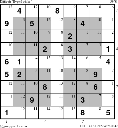The grouppuzzles.com Difficult HyperSudoku puzzle for  with all 14 steps marked