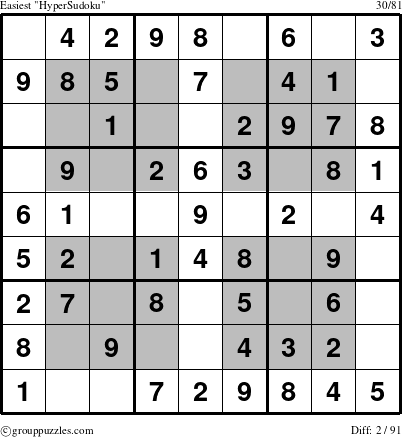 The grouppuzzles.com Easiest HyperSudoku puzzle for 