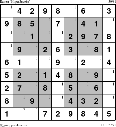 The grouppuzzles.com Easiest HyperSudoku puzzle for  with the first 2 steps marked