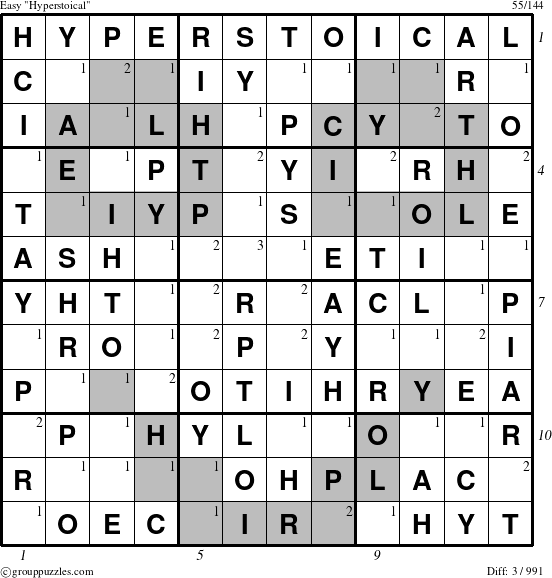The grouppuzzles.com Easy Hyperstoical puzzle for  with all 3 steps marked