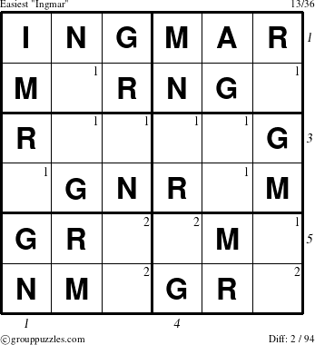 The grouppuzzles.com Easiest Ingmar puzzle for  with all 2 steps marked